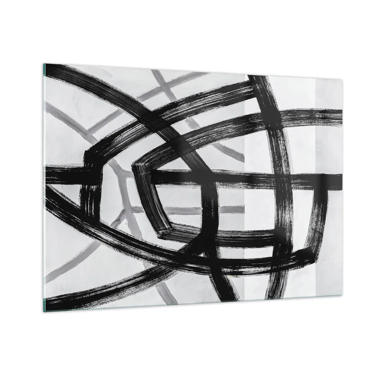 Glasbild - Bild auf glas - Schwarze und graue Pinselstriche erzeugen ein dynamisches Liniennetz. - 100x70cm - Bautiefe - Moderne Wanddekoration für Wohnzimmer und Schlafzimmer ARTTOR