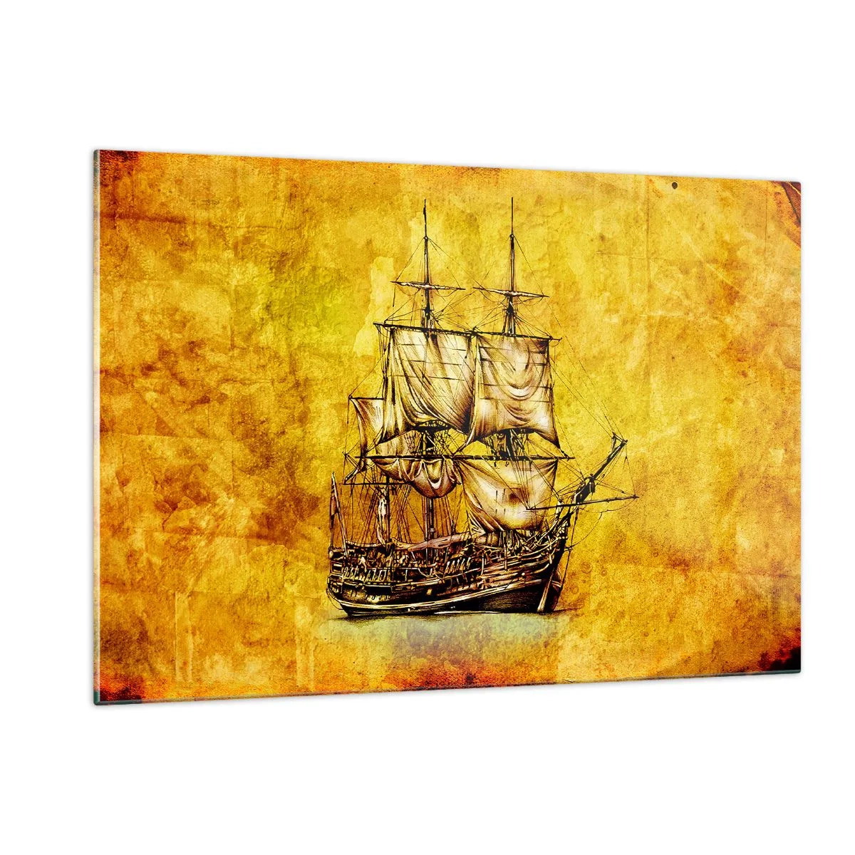 Glasbild - Bild auf glas - Ein historisches Segelschiff vor dem Hintergrund stilisierten Pergaments - 120x80cm - Richtung Tortuga! - Moderne Wanddekoration für Wohnzimmer und Schlafzimmer ARTTOR