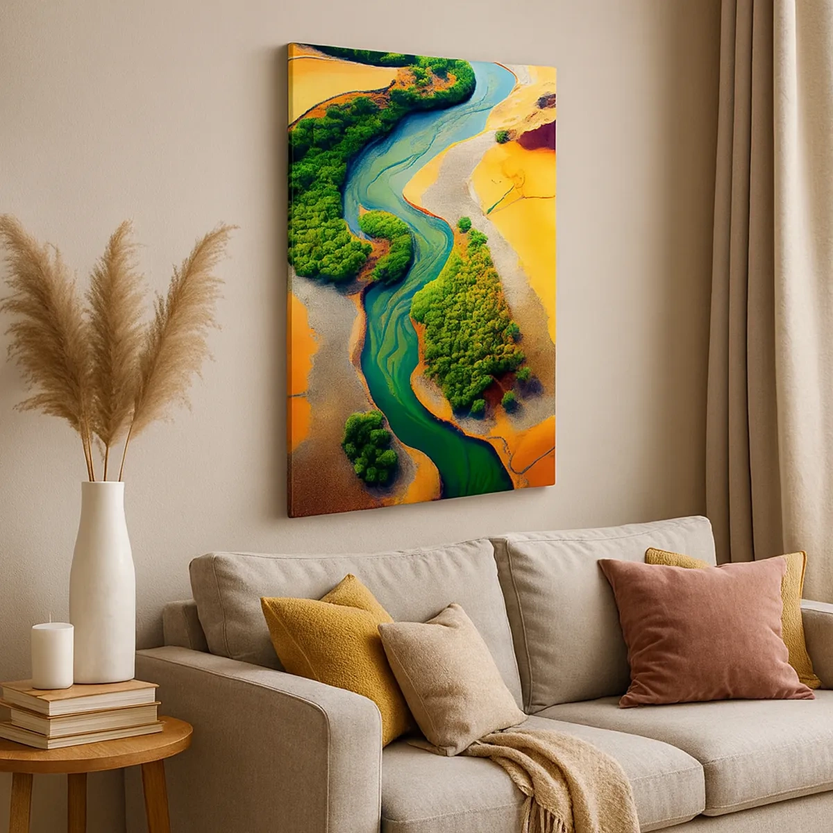 Bild auf Leinwand - Leinwandbild - Ein grüner Fluss, umgeben von goldenem Sand und Vegetation - 50x70cm - Lebensspendender Fluss - Moderne Wanddekoration für Wohnzimmer und Schlafzimmer ARTTOR