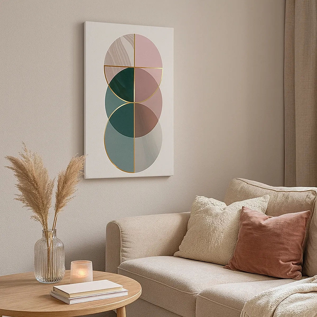 Bild auf Leinwand - Leinwandbild - Eine abstrakte Komposition aus geometrischen Formen und goldenen Linien. - 50x70cm - Ein Rad hinter dem anderen… - Moderne Wanddekoration für Wohnzimmer und Schlafzimmer ARTTOR