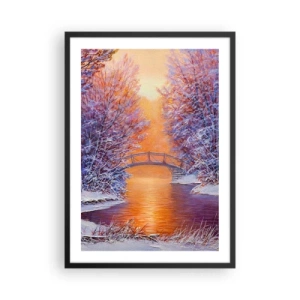 Poster in einem schwarzem Rahmen - Winterlandschaft mit einer Brücke und der untergehenden Sonne, die sich im Fluss spiegelt - 50x70cm - Treffen wir uns hier - Moderne Wanddekoration für Wohnzimmer und Schlafzimmer ARTTOR