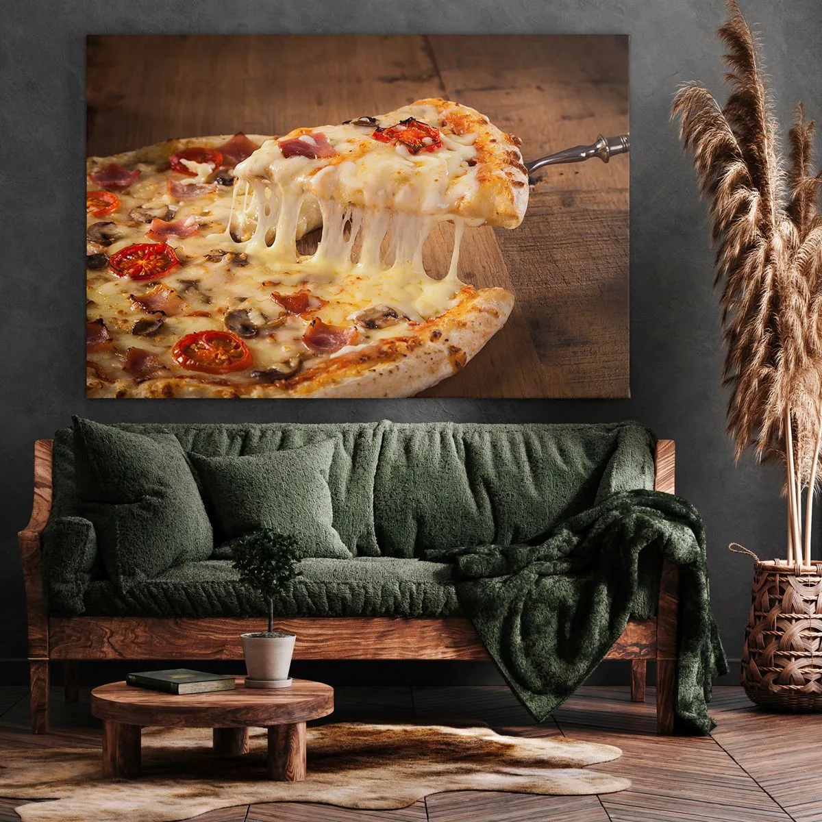 Bild auf Leinwand - Leinwandbild - Pizza mit faserigem Käse - 70x50cm - Ein Meisterwerk der italienischen Kunst - Moderne Wanddekoration für Wohnzimmer und Schlafzimmer ARTTOR