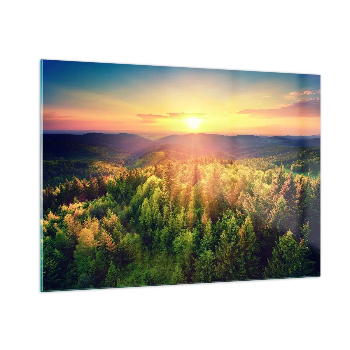 Glasbild - Bild auf glas - Sonnenuntergang über einem Bergwald mit Blick auf die Täler - 100x70cm - Scheitelpunkte und Spitzen - Moderne Wanddekoration für Wohnzimmer und Schlafzimmer ARTTOR