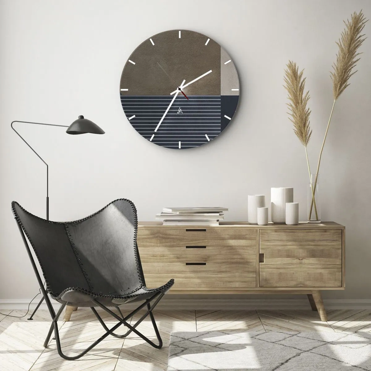 Wanduhr - Glasuhr - Eine minimalistische Anordnung von Farben und Linien in einer geometrischen Form - 30x30cm - Komposition aus Einfachheit und Rundheit - Moderne Wanddekoration für Wohnzimmer, Küche und Schlafzimmer ARTTOR
