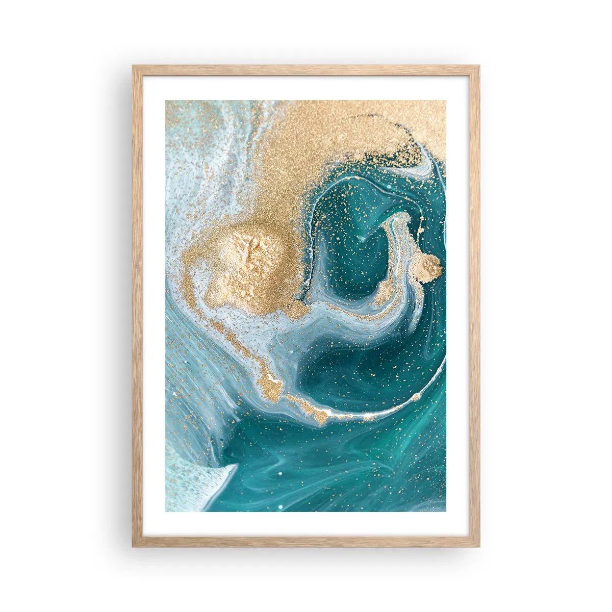 Poster in einem Rahmen aus heller Eiche - Ein Strudel aus Gold und Türkis - 50x70 cm