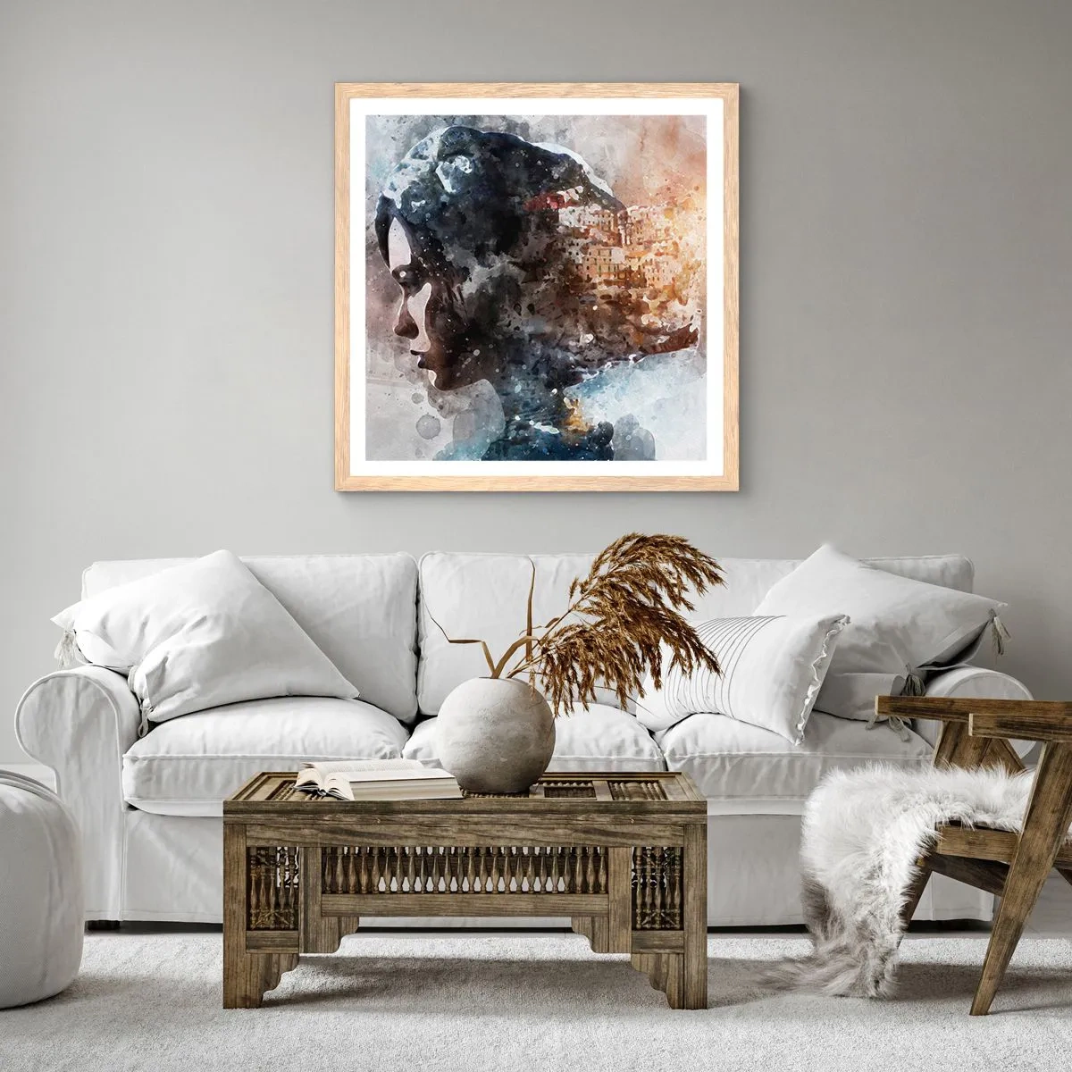 Poster in einem Rahmen aus heller Eiche - Eine Geschichte über ein Mädchen mit einer Stadt im Hintergrund - 40x40 cm