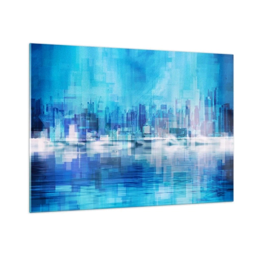 Glasbild - Bild auf glas - Ein modernes Stadtpanorama in Blautönen - 100x70cm - In Blau ertrunken - Moderne Wanddekoration für Wohnzimmer und Schlafzimmer ARTTOR