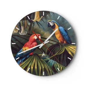 Wanduhr - Glasuhr - Zwei bunte Papageien sitzen auf tropischen Blättern - 30x30cm - Romantik in den Tropen - Moderne Wanddekoration für Wohnzimmer, Küche und Schlafzimmer ARTTOR