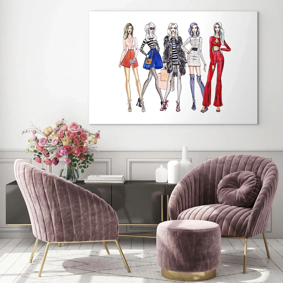 Glasbild - Bild auf glas - Modische Charaktere in stylischen Outfits in der Illustration - 100x70cm - Jede Woche Fashion Week - Moderne Wanddekoration für Wohnzimmer und Schlafzimmer ARTTOR