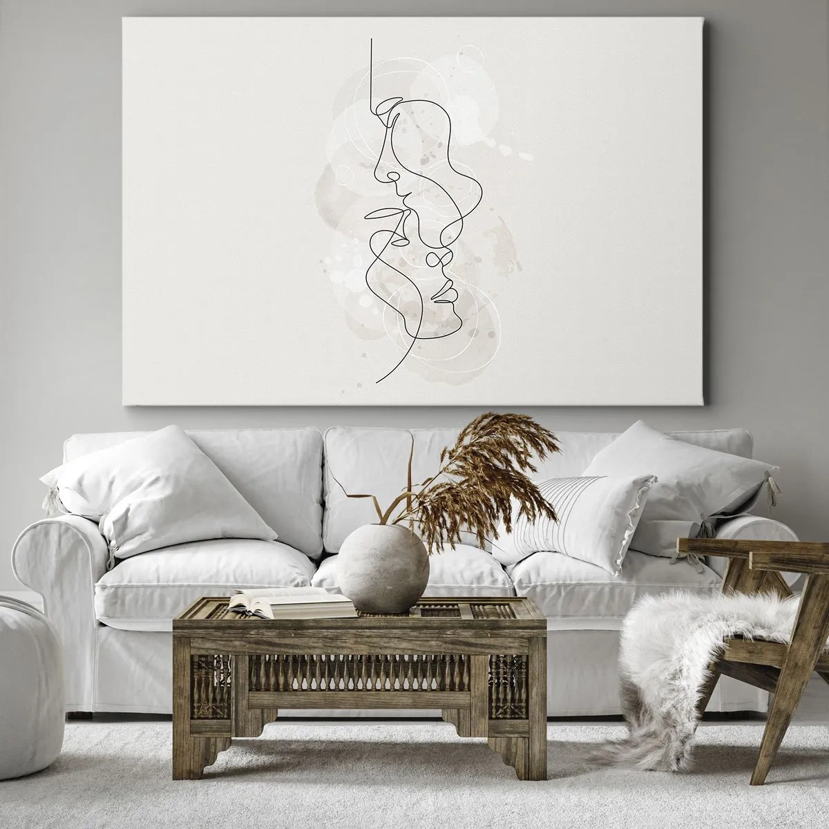 Bild auf Leinwand - Leinwandbild - Abstrakte Umrisse zweier Gesichter auf hellem Hintergrund - 100x70cm - Verstrickt in eine Umarmung - Moderne Wanddekoration für Wohnzimmer und Schlafzimmer ARTTOR