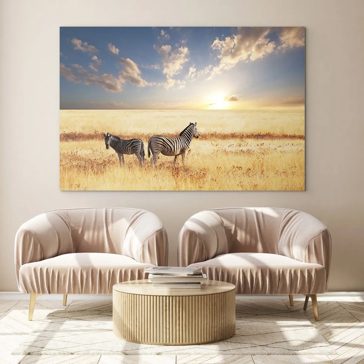 Glasbild - Bild auf glas - Zwei Zebras in der Savanne bei Sonnenuntergang - 120x80cm - Geh weg, sei nicht in Frieden - Moderne Wanddekoration für Wohnzimmer und Schlafzimmer ARTTOR