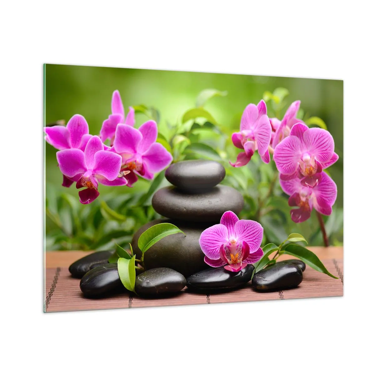 Glasbild - Bild auf glas - Rosa Orchideen und schwarze Steine in einer ruhigen Umgebung - 100x70cm - Die Pyramide des Friedens - Moderne Wanddekoration für Wohnzimmer und Schlafzimmer ARTTOR
