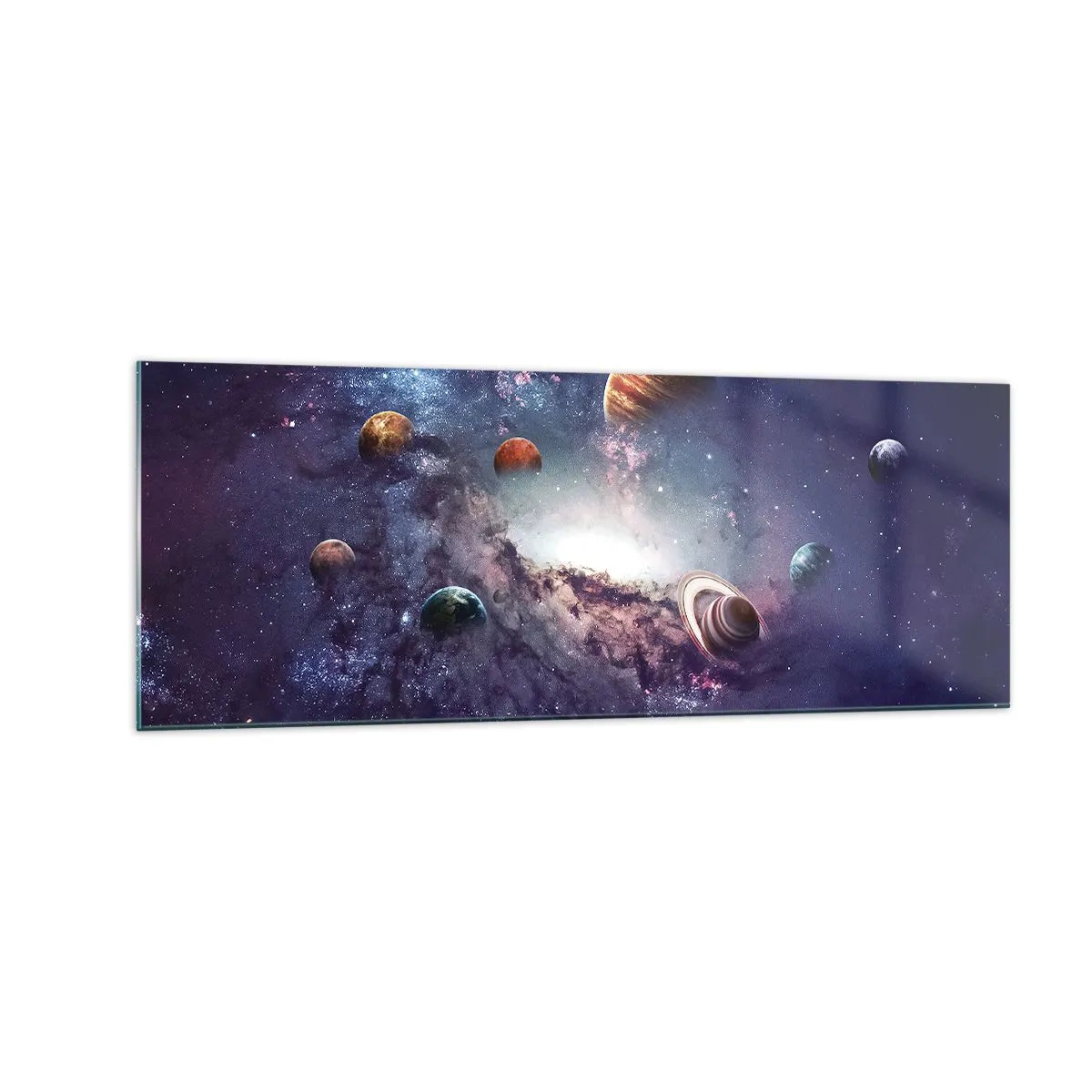 Glasbild - Bild auf glas - Planeten in einer Galaxie mit einem Nebel im Hintergrund - 140x50cm - Solar-Tanz-System - Moderne Wanddekoration für Wohnzimmer und Schlafzimmer ARTTOR