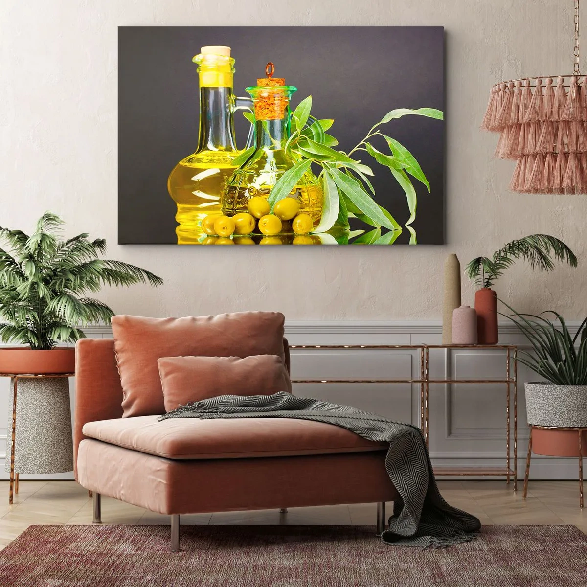 Bild auf Leinwand - Leinwandbild - Flaschen mit Olivenöl und Olivenbaumzweigen - 70x50cm - Stillleben mit Oliven und Olivenöl - Moderne Wanddekoration für Wohnzimmer und Schlafzimmer ARTTOR