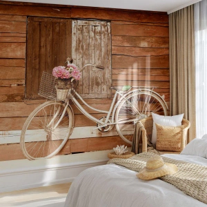 Fototapete Premium Sand - Ein Retro-Fahrrad mit einem Blumenkorb vor einer Holzwand. - 100x70cm - Ich komme gleich wieder - Moderne Wanddekoration für Wohnzimmer und Schlafzimmer ARTTOR