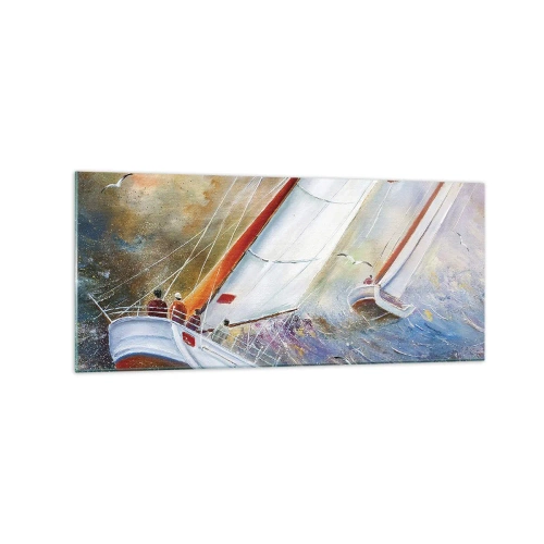 Glasbild - Bild auf glas - Segelboote auf rauen Wellen in einer dynamischen Komposition - 120x50cm - Durch die Wellen laufend - Moderne Wanddekoration für Wohnzimmer und Schlafzimmer ARTTOR