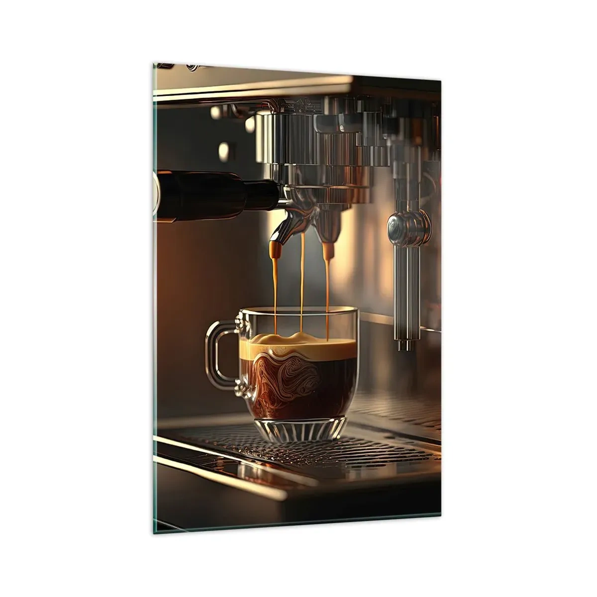 Glasbild - Bild auf glas - Kaffeemaschine mit einer Tasse aromatischem Espresso - 80x120cm - Sinnliche Mischung - Moderne Wanddekoration für Wohnzimmer und Schlafzimmer ARTTOR