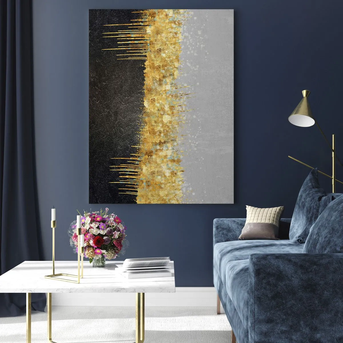 Glasbild - Bild auf glas - Goldene Abstraktion mit Schwarz-Grau-Kontrast - 50x70cm - Nach innen und nach oben - Moderne Wanddekoration für Wohnzimmer und Schlafzimmer ARTTOR