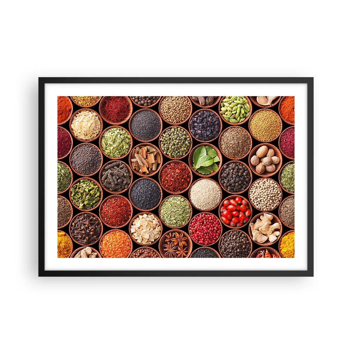 Poster in einem schwarzem Rahmen - Bunte Gewürze in runden Behältern - 70x50cm - Alle Aromen der Welt - Moderne Wanddekoration für Wohnzimmer und Schlafzimmer ARTTOR