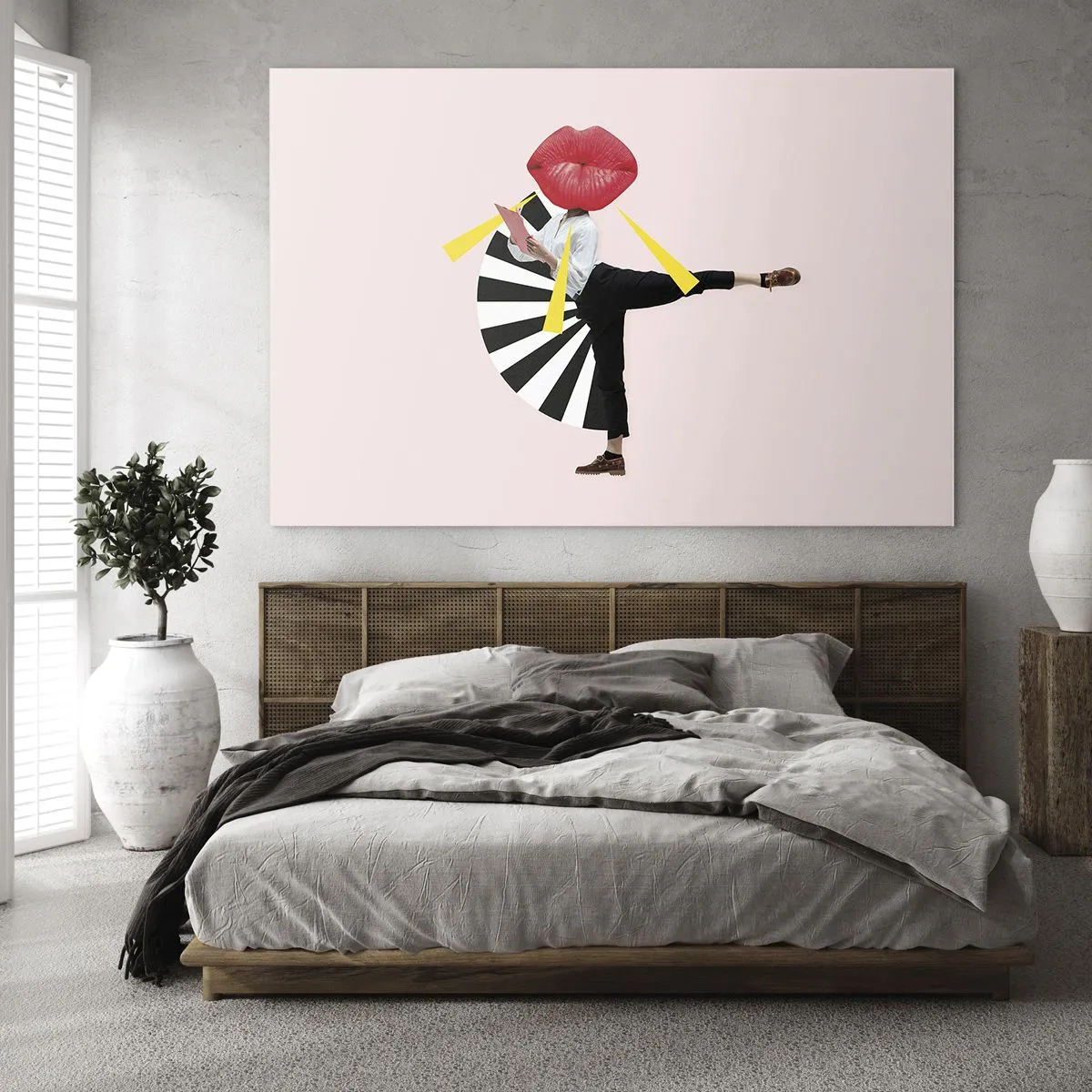 Glasbild - Bild auf glas - Eine surreale Pop-Art-Komposition mit einer Figur mit großem Mund vor einem rosa Hintergrund. - 120x80cm - Surreale Pop-Art - Moderne Wanddekoration für Wohnzimmer und Schlafzimmer ARTTOR