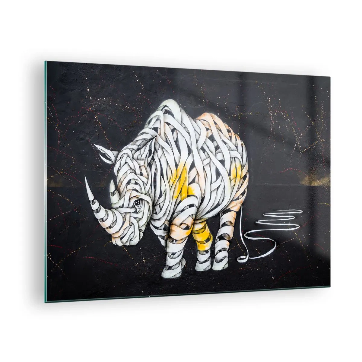 Glasbild - Bild auf glas - Abstrakte Zeichnung eines Nashorns in Form von Streifen - 70x50cm - Dicke Haut ist ein Mythos - Moderne Wanddekoration für Wohnzimmer und Schlafzimmer ARTTOR