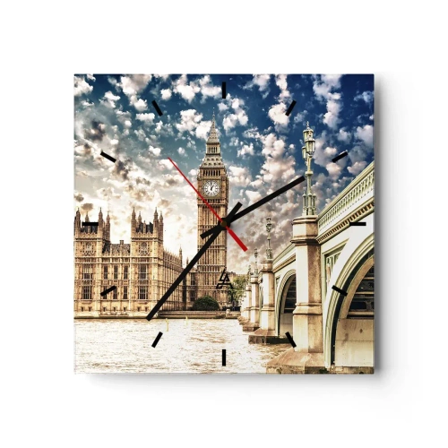 Wanduhr - Glasuhr - Big Ben und Westminster Bridge im Sonnenlicht in London - 30x30cm - Federwolken über der Themse - Moderne Wanddekoration für Wohnzimmer und Schlafzimmer ARTTOR
