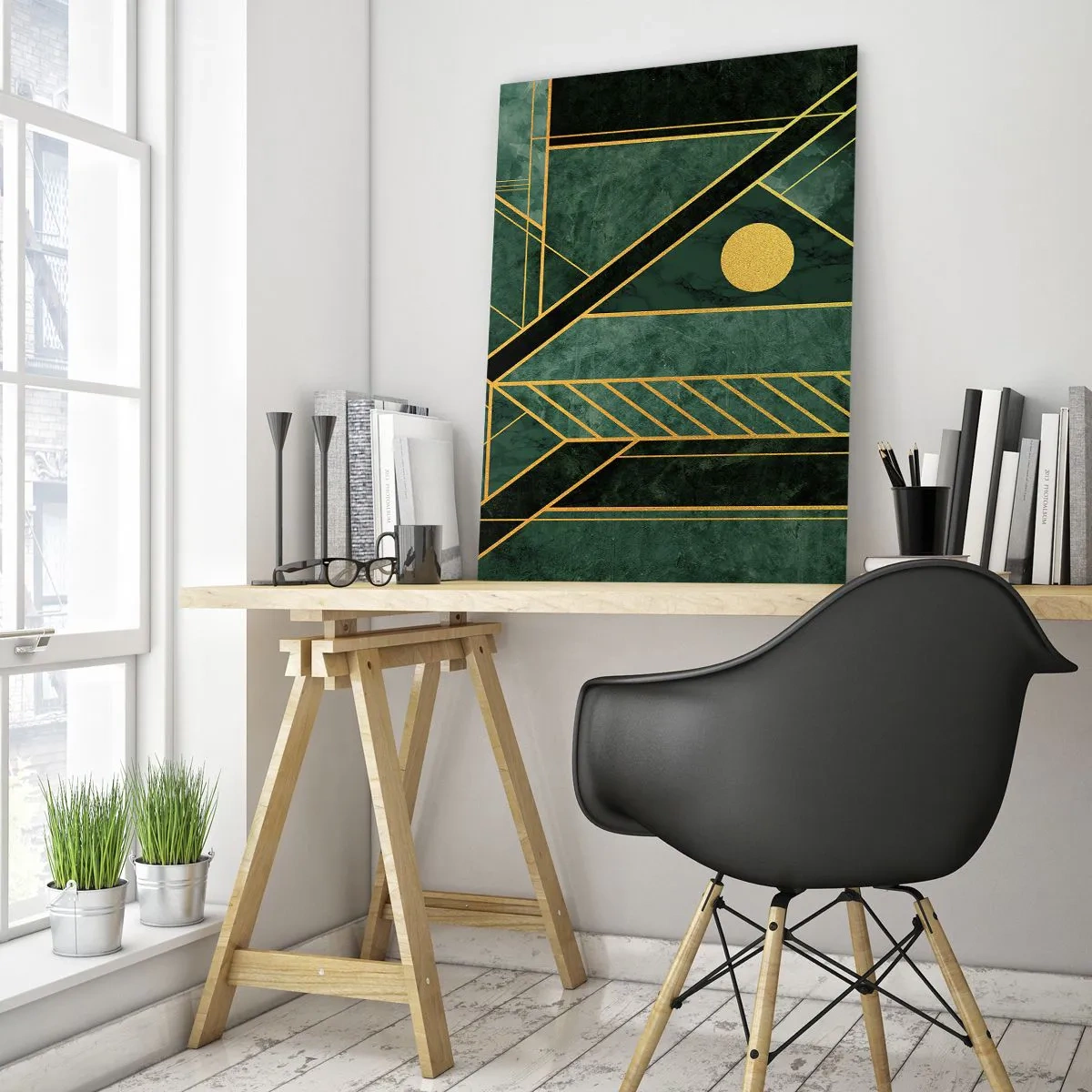 Glasbild - Bild auf glas - Grünes und goldenes geometrisches Design mit elegantem Muster - 80x120cm - Dynamik von Gold und Azurblau - Moderne Wanddekoration für Wohnzimmer und Schlafzimmer ARTTOR