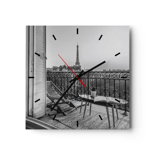 Wanduhr - Glasuhr - Blick auf den Eiffelturm vom Balkon mit Liegestühlen und Tisch - 30x30cm - Pariser Nachmittag - Moderne Wanddekoration für Wohnzimmer und Schlafzimmer ARTTOR
