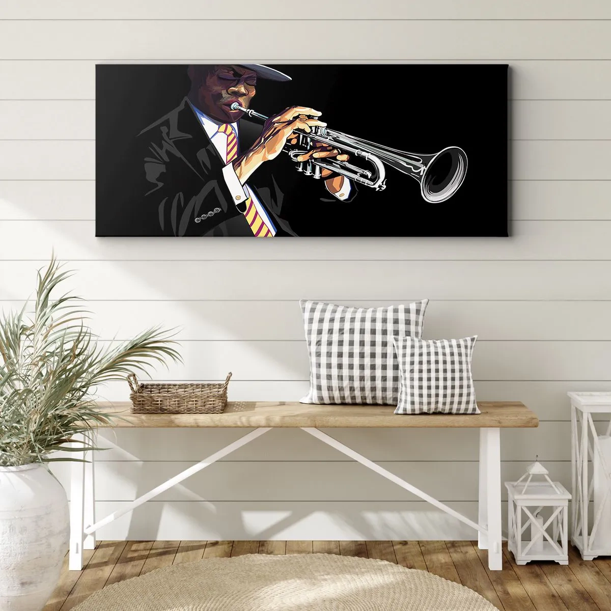Bild auf Leinwand - Leinwandbild - Ein Musiker spielt Trompete vor schwarzem Hintergrund - 160x50cm - Charme der alten Schule - Moderne Wanddekoration für Wohnzimmer und Schlafzimmer ARTTOR