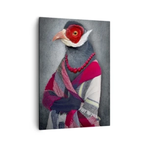 Bild auf Leinwand - Leinwandbild - Stilisierte Porträts eines Wolfes, eines Fasans und eines Löwen in eleganter Kleidung - 50x70cm - Was mache ich hier?! - Moderne Wanddekoration für Wohnzimmer und Schlafzimmer ARTTOR