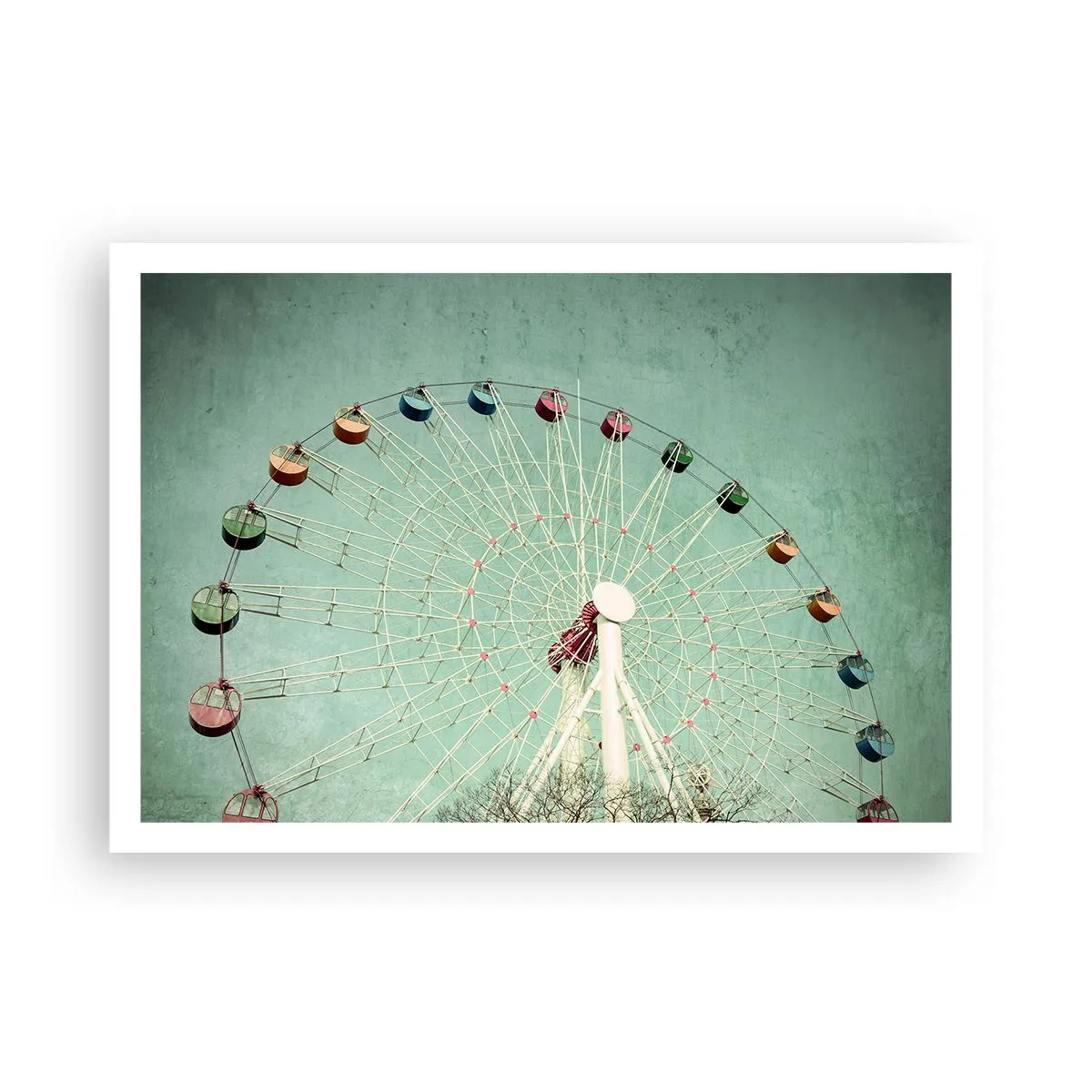 Poster - Ein buntes Riesenrad vor blauem Himmel im Retro-Stil - 100x70cm - Wir laden zum Spiel ein - Moderne Wanddekoration für Wohnzimmer und Schlafzimmer ARTTOR