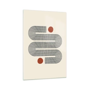 Glasbild - Bild auf glas - Geometrisches Muster mit Linien und orangefarbenen Kreisen - 70x100cm - Vom Anfang bis zum Ende - Moderne Wanddekoration für Wohnzimmer und Schlafzimmer ARTTOR