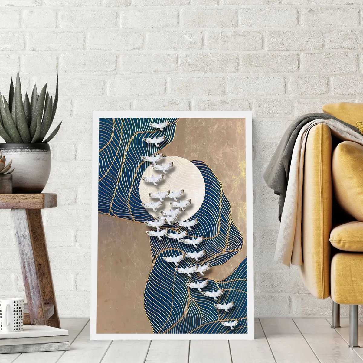 Poster - Abstrakte Komposition mit Vögeln und dem Mond in goldenen Tönen - 50x70cm - Freiheit, Wandern, Gemeinschaft - Moderne Wanddekoration für Wohnzimmer und Schlafzimmer ARTTOR