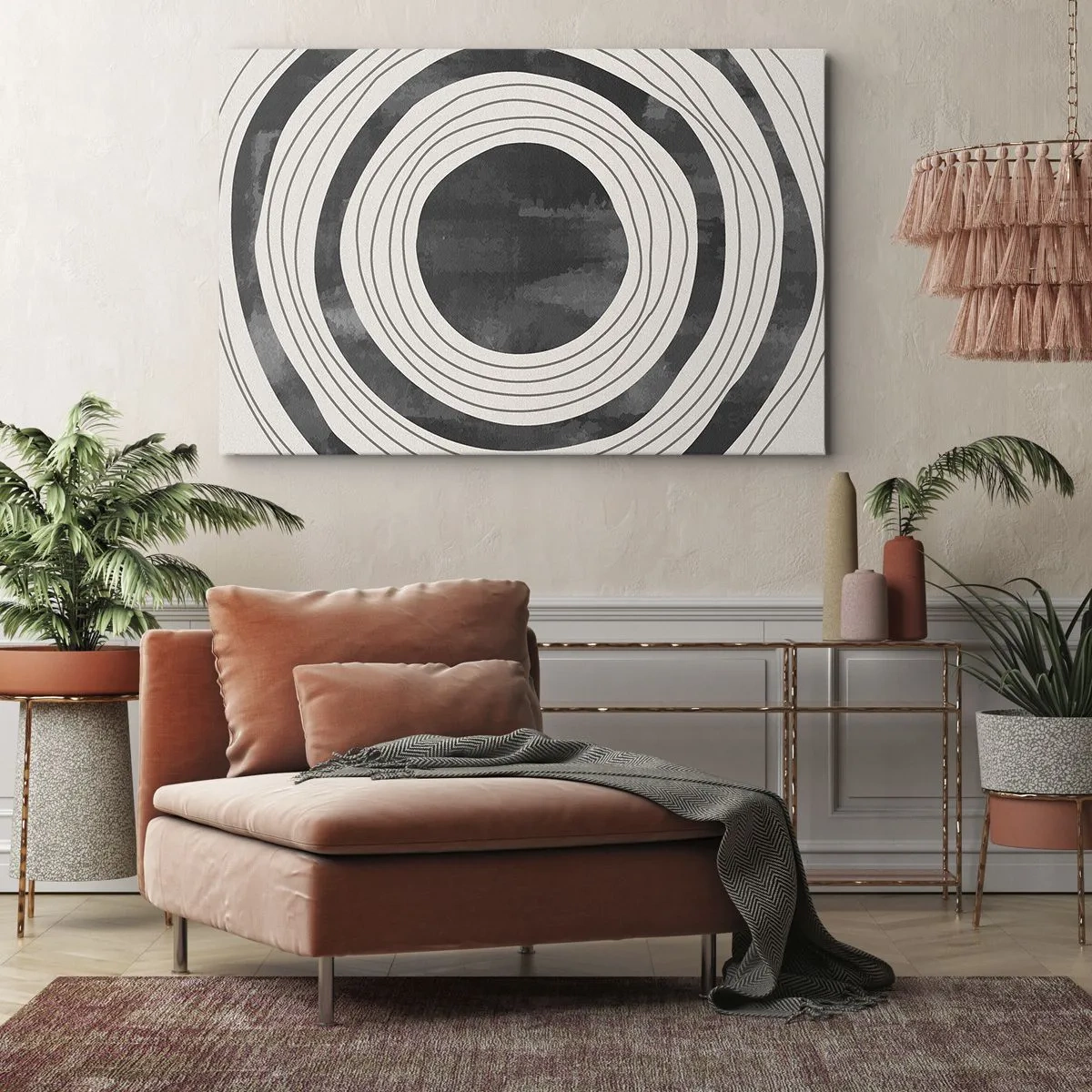 Bild auf Leinwand - Leinwandbild - Schwarze und weiße konzentrische Kreise auf hellem Hintergrund - 70x50cm - Auf den Punkt gebracht - Moderne Wanddekoration für Wohnzimmer und Schlafzimmer ARTTOR