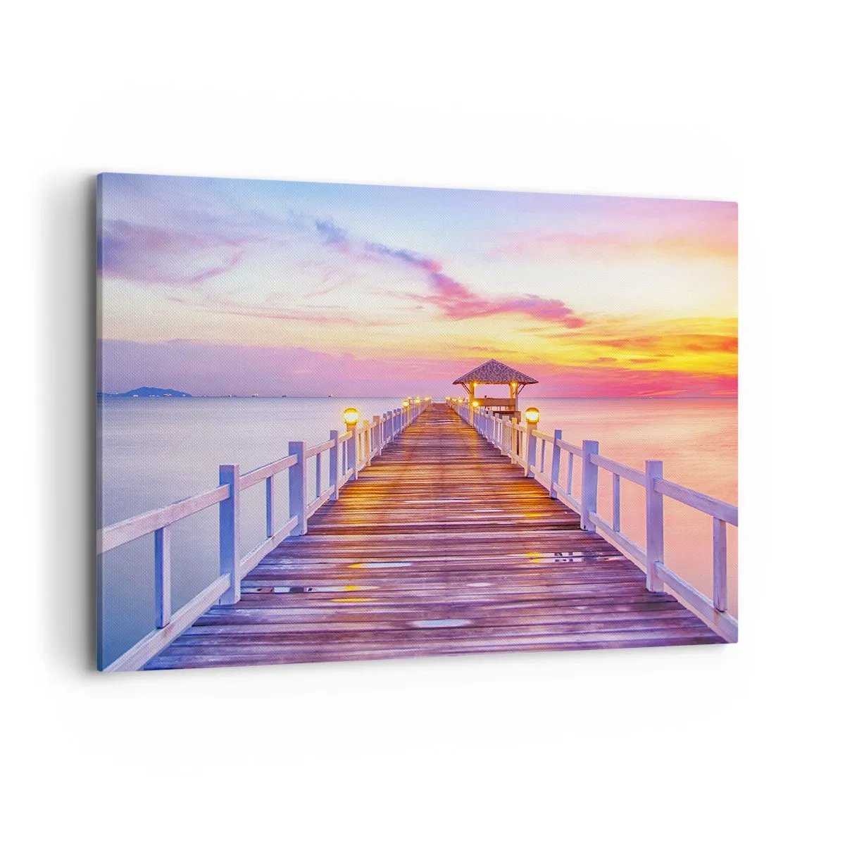 Bild auf Leinwand - Leinwandbild - Ein Pier über dem Wasser bei Sonnenuntergang in Pastellfarben - 100x70cm - Die lila-goldene Stille des Abends - Moderne Wanddekoration für Wohnzimmer und Schlafzimmer ARTTOR