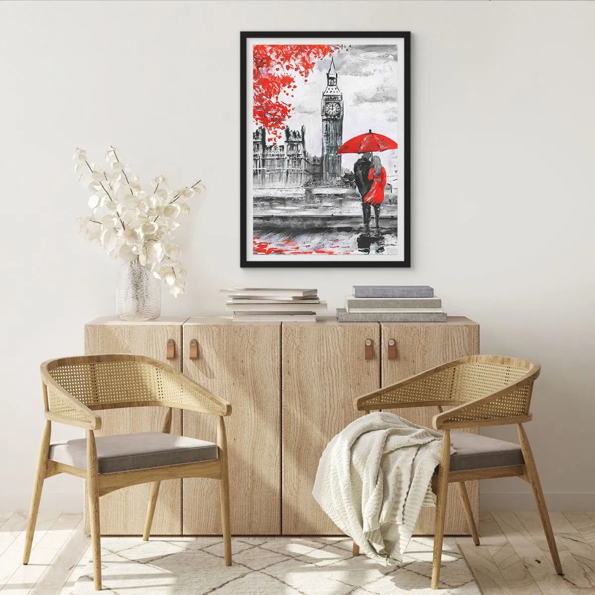 Poster in einem schwarzem Rahmen - Eine Figur mit einem roten Regenschirm vor Big Ben in London - 50x70cm - Verliebt in London - Moderne Wanddekoration für Wohnzimmer und Schlafzimmer ARTTOR