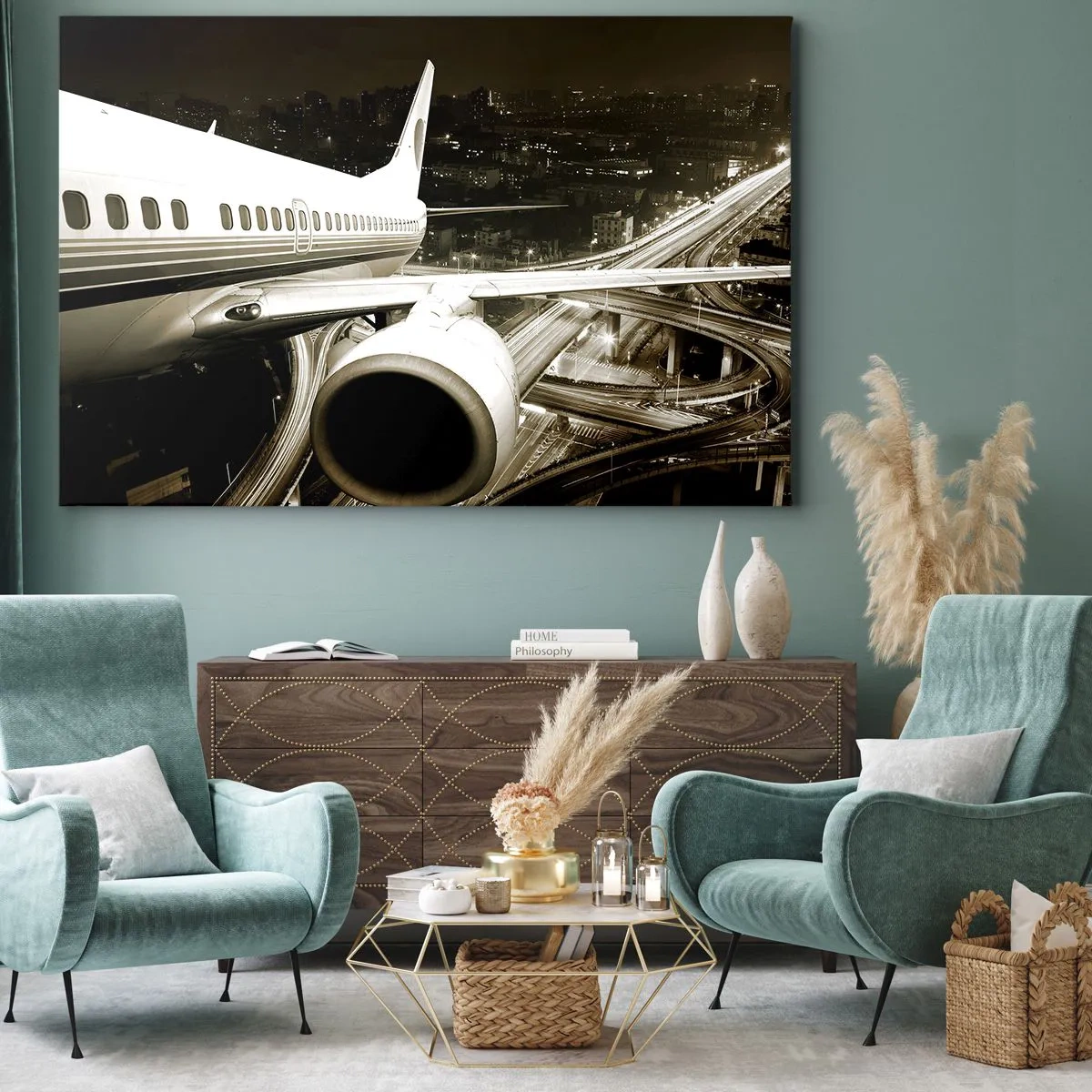 Bild auf Leinwand - Leinwandbild - Ein Flugzeug über einer nächtlichen Stadt mit beleuchteten Autobahnen - 100x70cm - In die Nacht fliegen - Moderne Wanddekoration für Wohnzimmer und Schlafzimmer ARTTOR