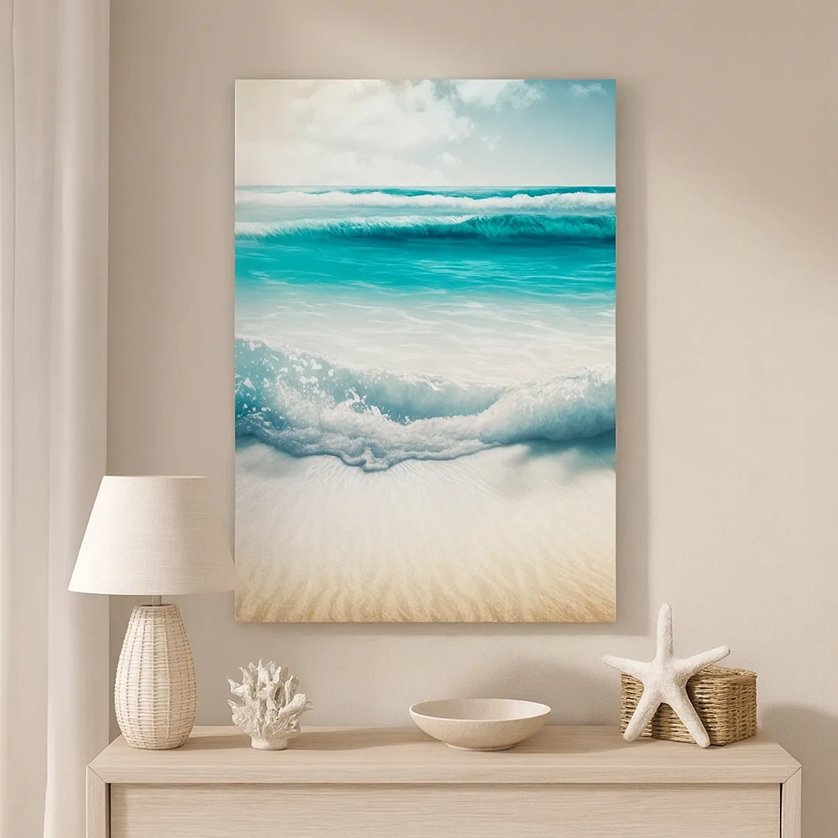 Bild auf Leinwand - Leinwandbild - Meereswellen an einem hellen Sandstrand - 50x70cm - Frieden des Ozeans - Moderne Wanddekoration für Wohnzimmer und Schlafzimmer ARTTOR