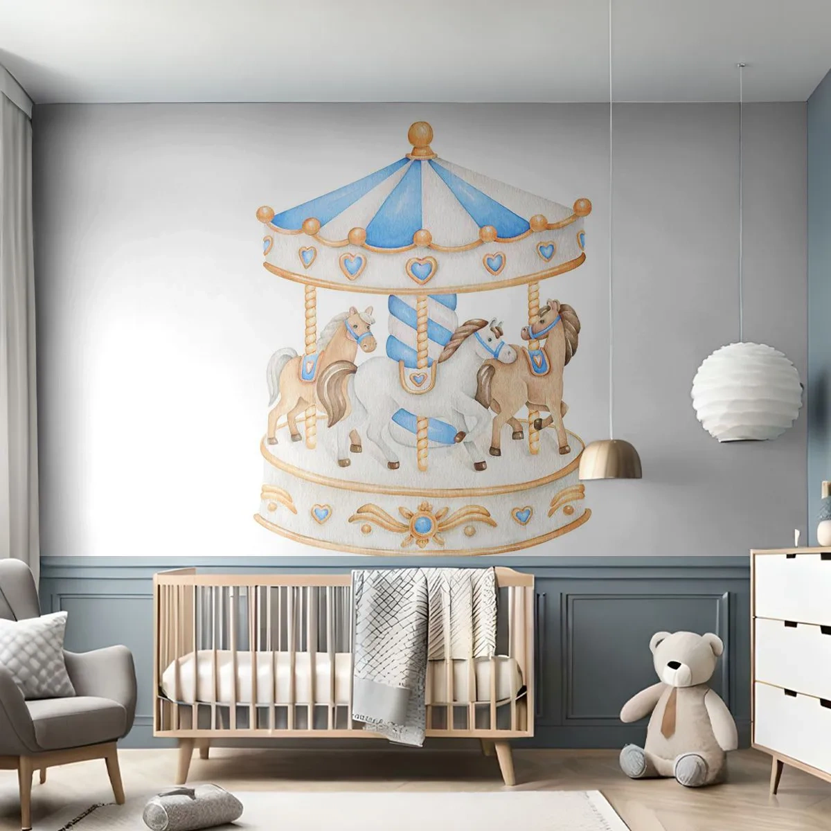 Fototapete Premium Sand - Süße Kindheit - Pferde, Karussell, Kinder - 150x105 cm