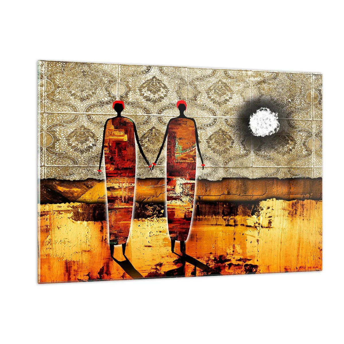 Glasbild - Bild auf glas - Zwei abstrakte Figuren vor einem Hintergrund aus Ornamenten und goldenen Farbtönen - 120x80cm - Ethnische Zusammensetzung in den Farben Afrikas - Moderne Wanddekoration für Wohnzimmer und Schlafzimmer ARTTOR