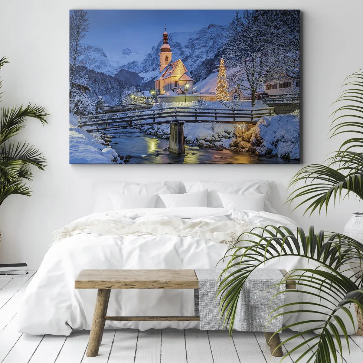 Bild auf Leinwand - Leinwandbild - Winterlandschaft mit Kirche, Brücke und Bergen in der Abenddämmerung - 100x70cm - Weihnachtsgeist - Moderne Wanddekoration für Wohnzimmer und Schlafzimmer ARTTOR