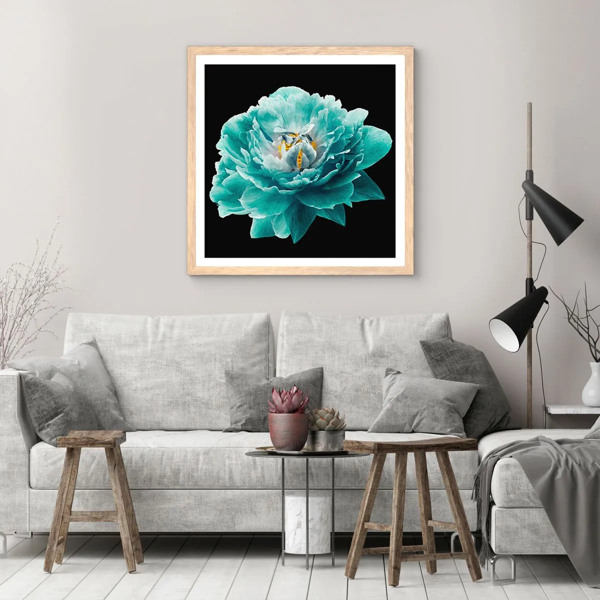 Poster in einem Rahmen aus heller Eiche - Blaue und goldene Blütenblätter - 30x30 cm