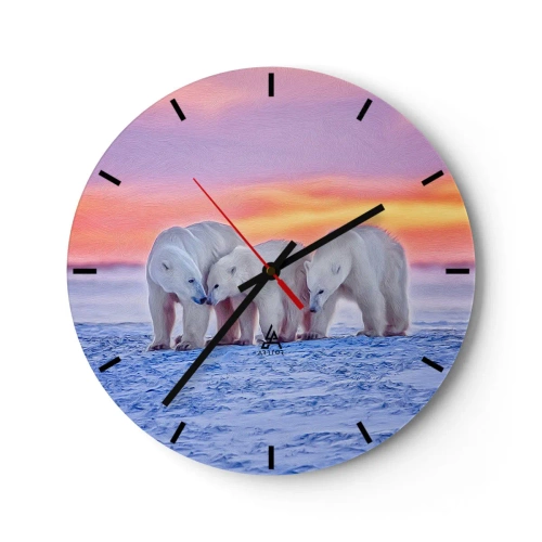 Wanduhr - Glasuhr - Drei Eisbären im Schnee bei Sonnenuntergang - 30x30cm - Familienwärme ist genug - Moderne Wanddekoration für Wohnzimmer, Küche und Schlafzimmer ARTTOR