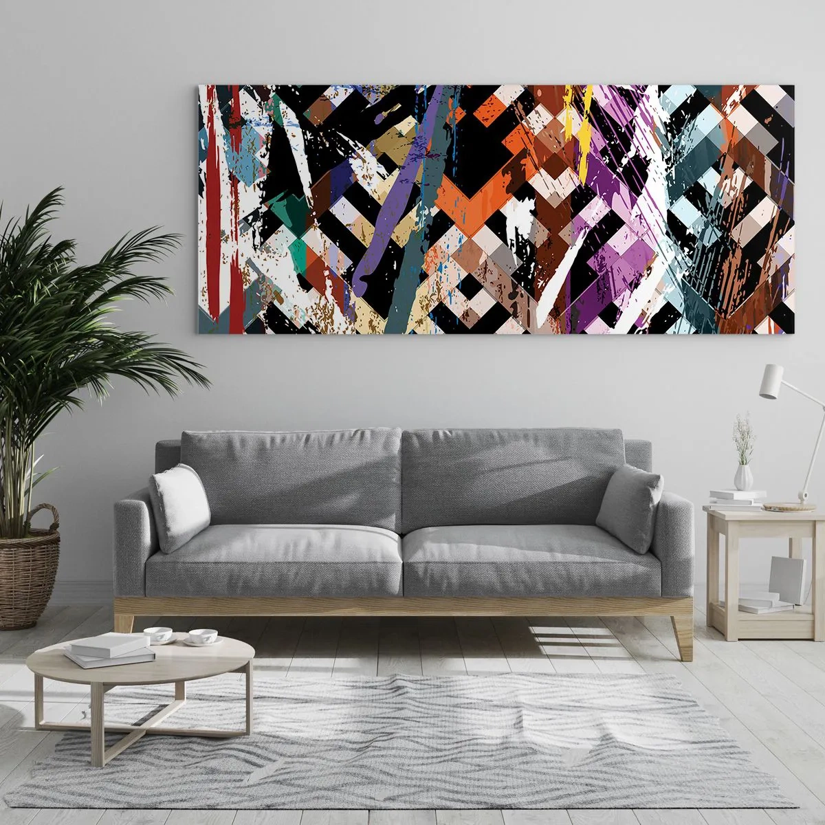 Glasbild - Bild auf glas - Abstrakte Komposition mit farbigen Linien auf schwarzem Hintergrund - 160x50cm - Quadriert - Moderne Wanddekoration für Wohnzimmer und Schlafzimmer ARTTOR