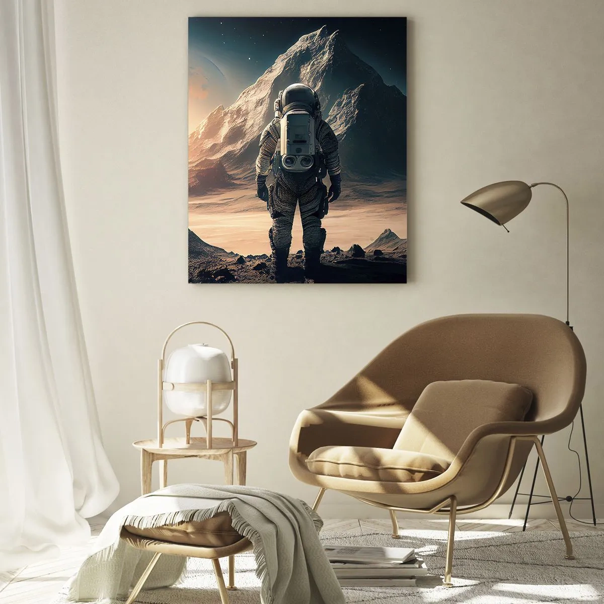 Glasbild - Bild auf glas - Astronaut vor der Kulisse majestätischer Berge - 70x100cm - Neue Herausforderung - Moderne Wanddekoration für Wohnzimmer und Schlafzimmer ARTTOR