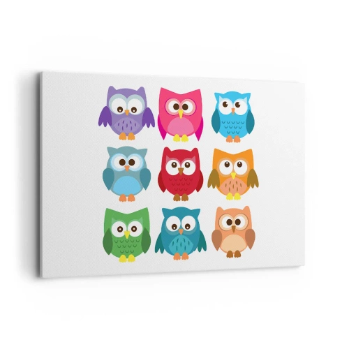 Bild auf Leinwand - Leinwandbild - Bunte Eulenillustrationen im kindlichen Stil - 120x80cm - Es macht Spaß, anders zu sein - Moderne Wanddekoration für Wohnzimmer und Schlafzimmer ARTTOR