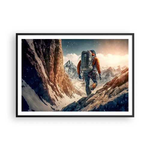 Poster in einem schwarzem Rahmen - Ein Bergsteiger auf einem Bergpfad in einer Winterlandschaft - 100x70cm - Einsamer Krieger - Moderne Wanddekoration für Wohnzimmer und Schlafzimmer ARTTOR