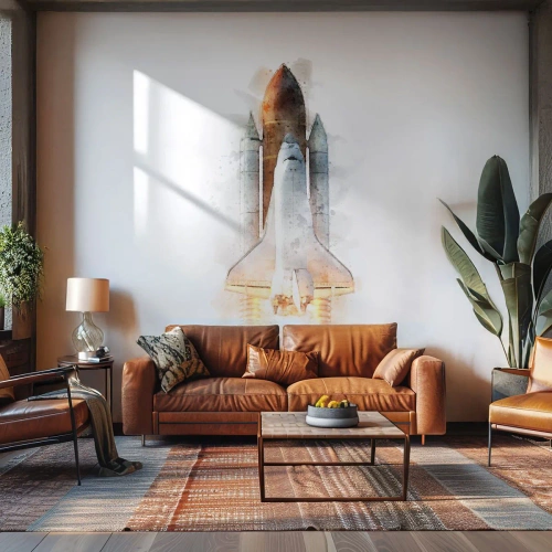 Fototapete Premium Canvas - Eine künstlerische Aquarell-Interpretation eines startenden Space Shuttles - 100x70cm - Entdecker für den Anfang - Moderne Wanddekoration für Wohnzimmer und Schlafzimmer ARTTOR