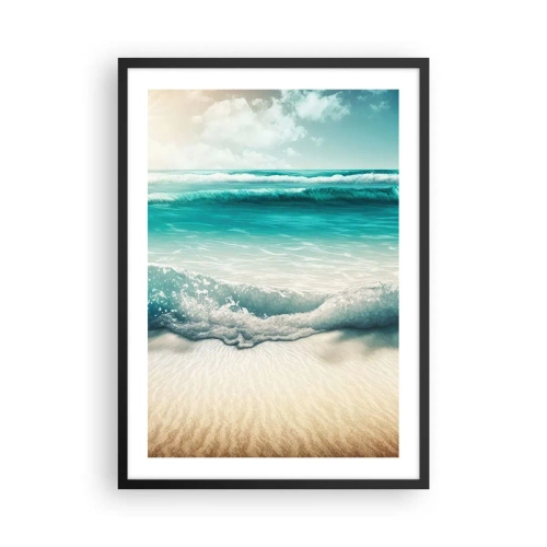 Poster in einem schwarzem Rahmen - Türkisfarbene Wellen brechen auf den goldenen Sand des Strandes - 50x70cm - Frieden des Ozeans - Moderne Wanddekoration für Wohnzimmer und Schlafzimmer ARTTOR