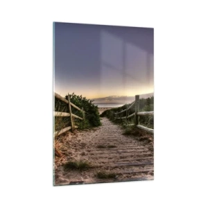 Glasbild - Bild auf glas - Holzweg in den Dünen, der bei Sonnenuntergang zum Strand führt - 80x120cm - Das Ziel ist bereits sichtbar - Moderne Wanddekoration für Wohnzimmer und Schlafzimmer ARTTOR
